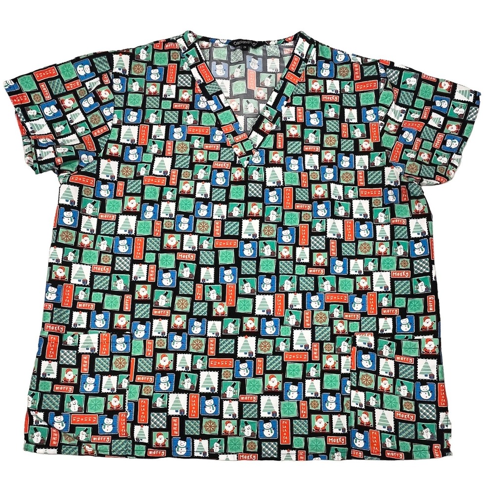 Cassandra O 2X Christmas Scrub Top Santa Snowman Tree Holiday Nurse Medical Wear